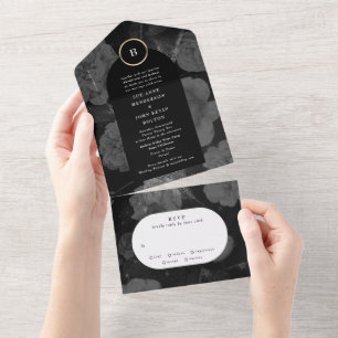 Dramatic Boho Floral Arch Gold Greys Wedding All In One Invitation