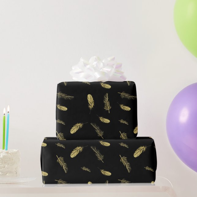 Dramatic Boho Golden Feathers Black   Wrapping Paper (Party Gifts)