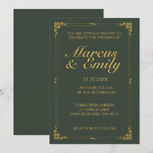 Dramatic Charcoal & Antique Gold Wedding Invitation