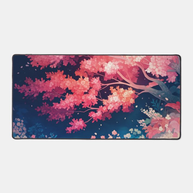 Dramatic Cherry Blossom Midnight Sky Coral Pink Desk Mat (Front)