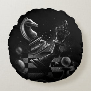 Dramatic Chess Battle – Knight vs. Horse  Round Cushion