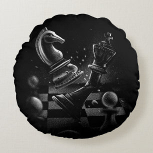 Dramatic Chess Battle – Knight vs. Horse  Round Cushion