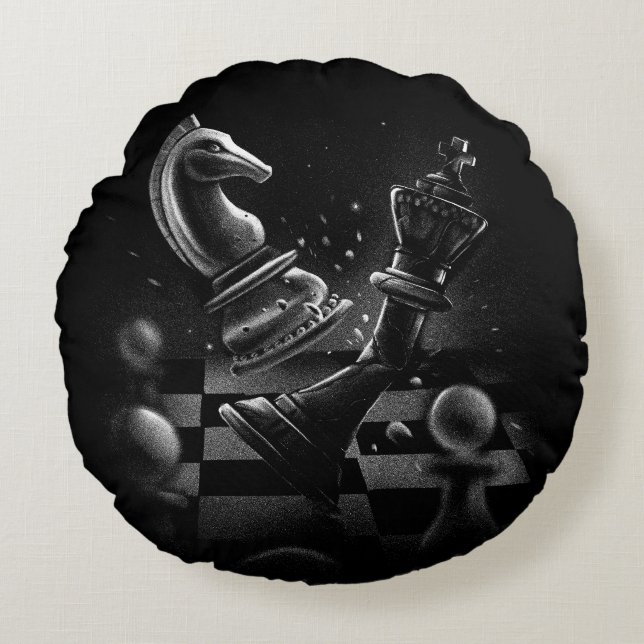 Dramatic Chess Battle – Knight vs. Horse  Round Cushion (Front)