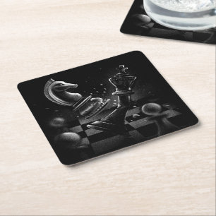 Dramatic Chess Battle – Knight vs. Horse  Square Paper Coaster