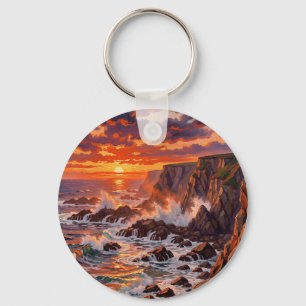 Dramatic Coastal Sunset Cliffs Painting Key Ring