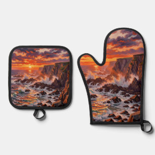 Dramatic Coastal Sunset Cliffs Painting Oven Mitt & Pot Holder Set
