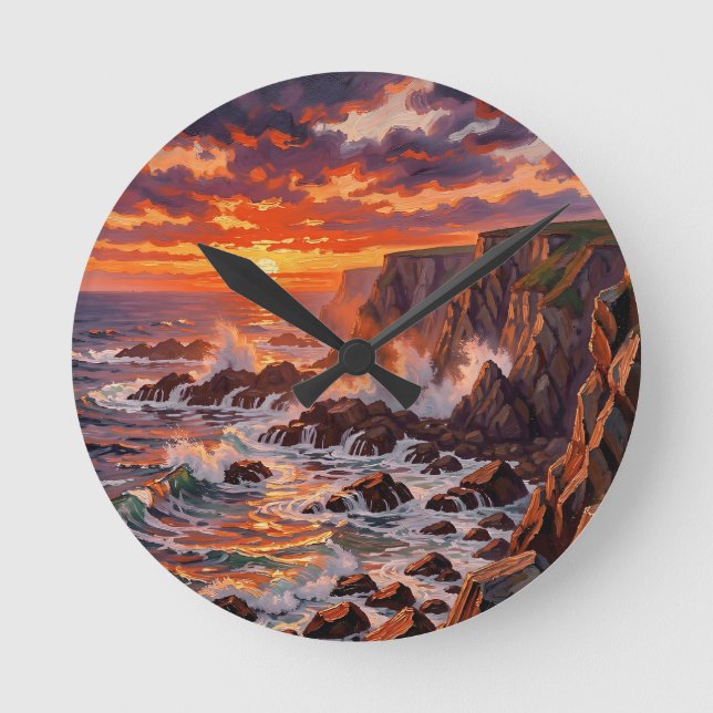 Dramatic Coastal Sunset Cliffs Painting Round Clock (Front)