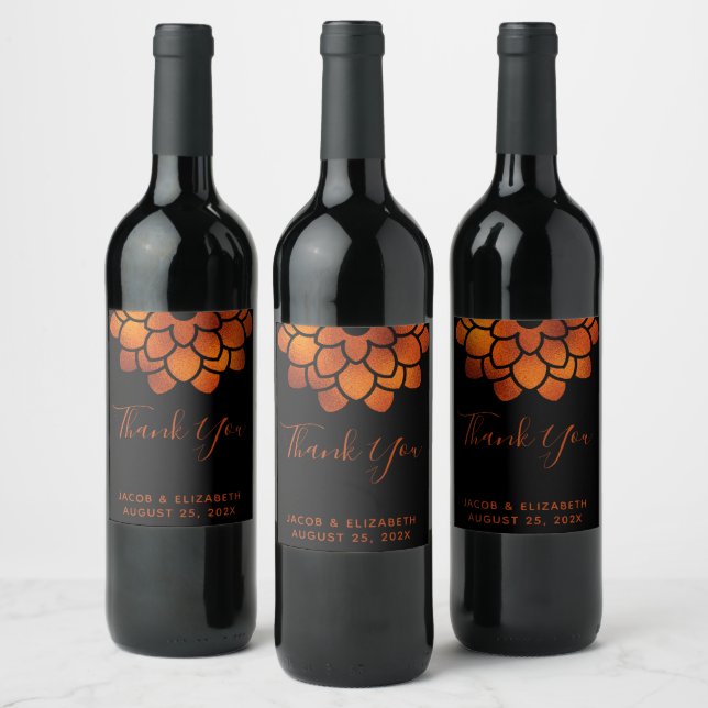 Dramatic Copper Flower on Black Thank You Wedding  Wine Label (Bottles)