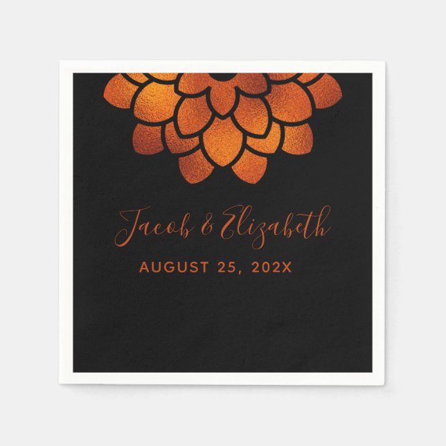 Dramatic Copper Flower on Black Wedding Napkin (Front)