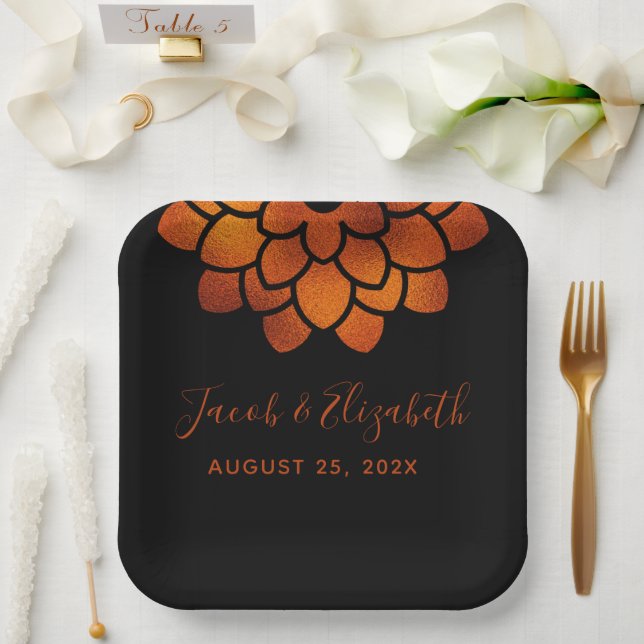 Dramatic Copper Flower on Black Wedding  Paper Plate (Wedding)