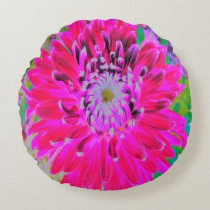 Dramatic Crimson Red and Pink Dahlia Flower Round Cushion