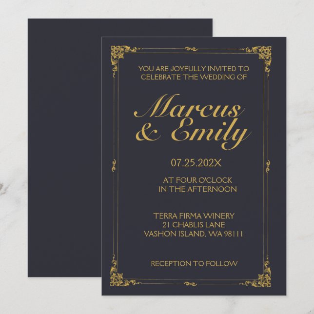 Dramatic Dark Blue & Antique Gold Wedding Invitation (Front/Back)