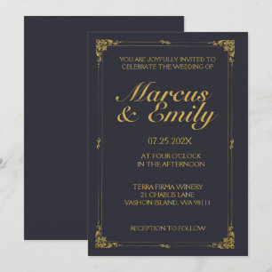 Dramatic Dark Blue & Antique Gold Wedding Invitation