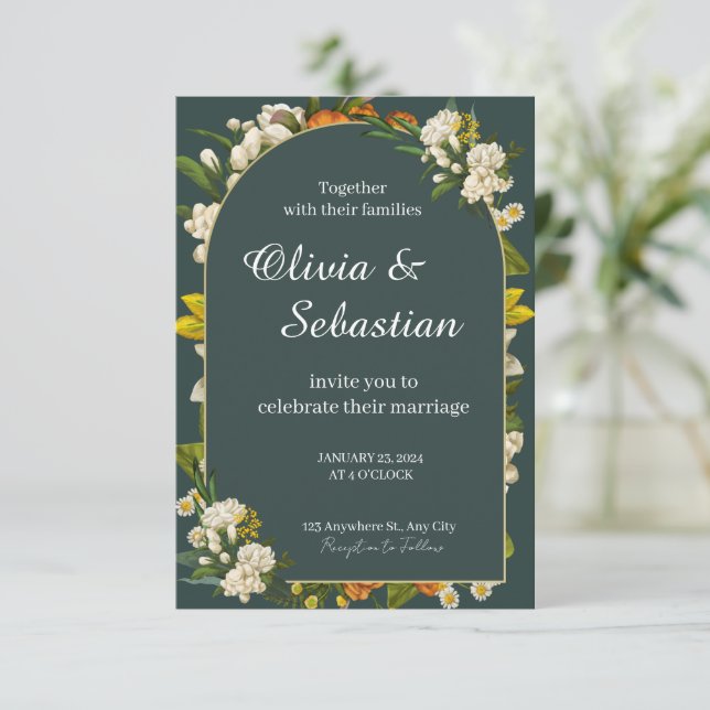 Dramatic Dark Green Floral Arch Wedding Invitation (Standing Front)