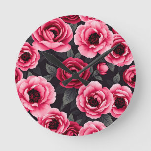 Dramatic Dark Pink Peony Floral Vintage Round Clock