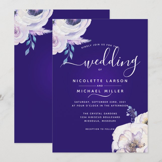 Dramatic Dark Purple and Lilac Floral Wedding Invitation (Front/Back)