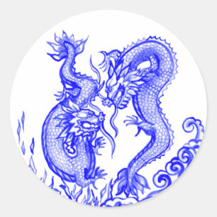 Dramatic Dragons  Blue White Water Fire Asian Classic Round Sticker