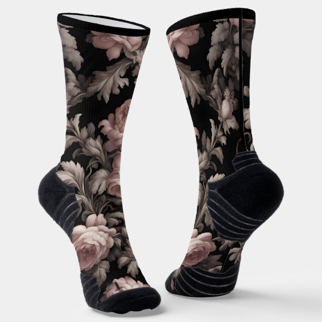 Dramatic Dusty Rose & Black Toile Crew Socks - Fit (Angled)