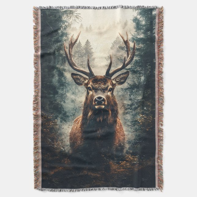 Dramatic Elk in the Woods Throw Blanket (Front Vertical)