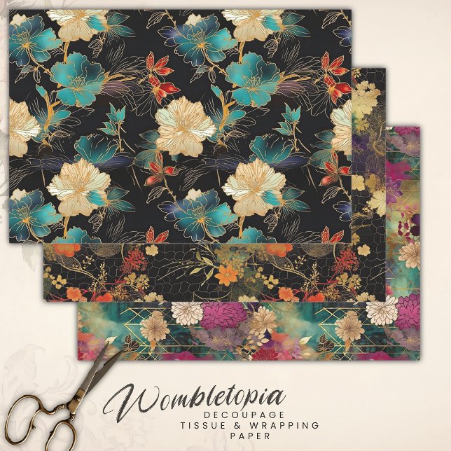 Dramatic Floral in Teal, Black & Cream Decoupage Wrapping Paper Sheet (Creator Uploaded)