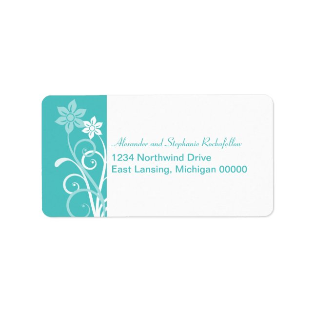 Dramatic Floral Swirls Address Labels, Aqua Label (Front)