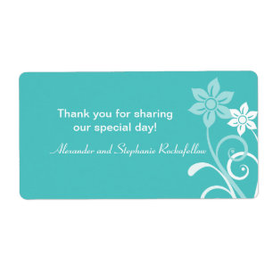 Dramatic Floral Swirls Wedding Labels, Aqua