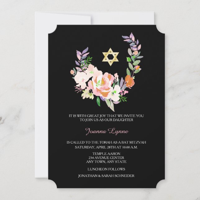 Dramatic Floral Wreath Bat Mitzvah Invitation (Front)