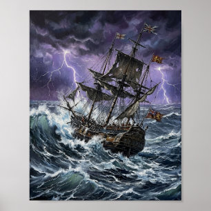Dramatic Galleon Ship Stormy Ocean Lightning Paint Poster