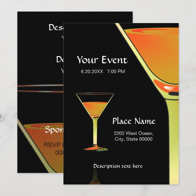Dramatic Gold Martini Cocktails Invitation (Front/Back)