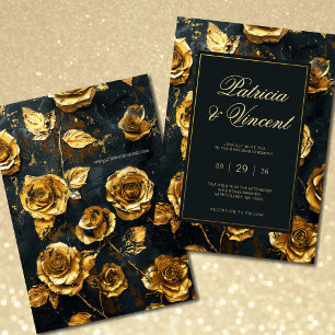 Dramatic Gold Roses on Black Wedding Invitation