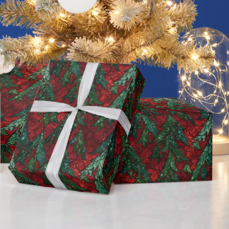 Dramatic Gothic Red & Green Glitter Christmas Tree Wrapping Paper