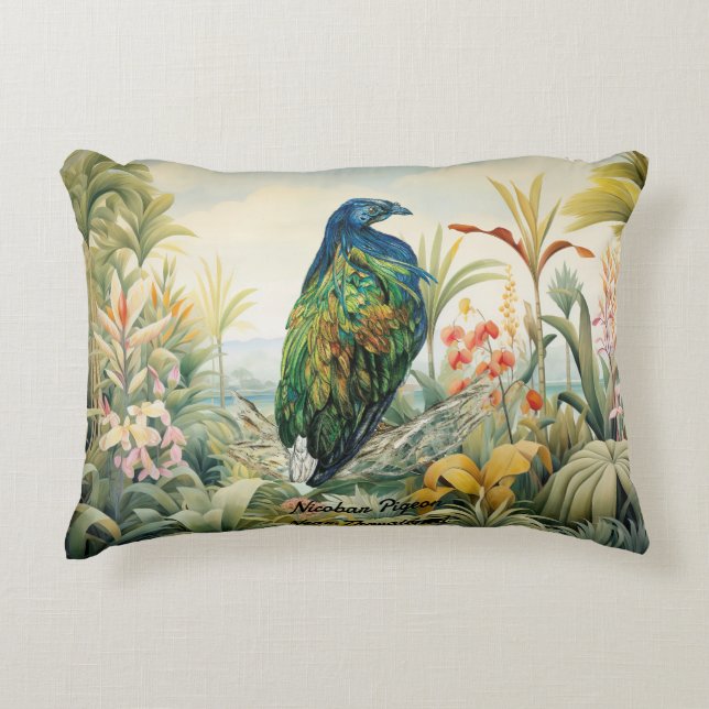 Dramatic Hand-Painted Nicobar Pigeon Decorative Cushion (Front)