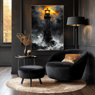 Dramatic Lighthouse Amidst Storm in Charcoal Style Poster