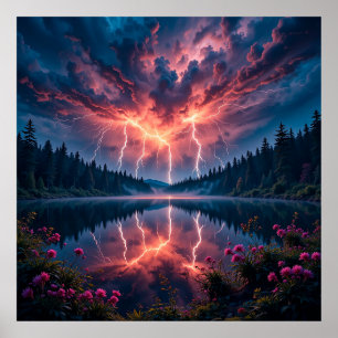 Dramatic Lightning over a Serene Forest Lake Poster