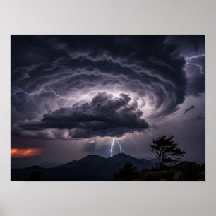 Dramatic Lightning Over Mountain Peaks Poster