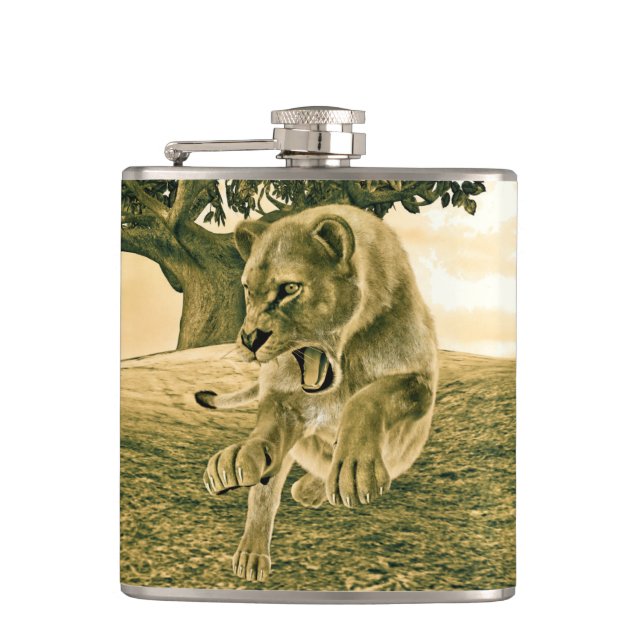Dramatic Lioness Safari Wildlife Art Hip Flask (Front)