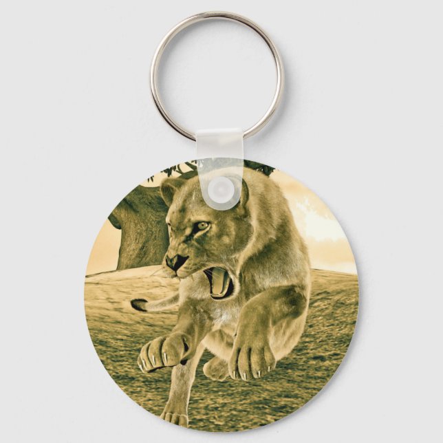 Dramatic Lioness Safari Wildlife Art Key Ring (Front)