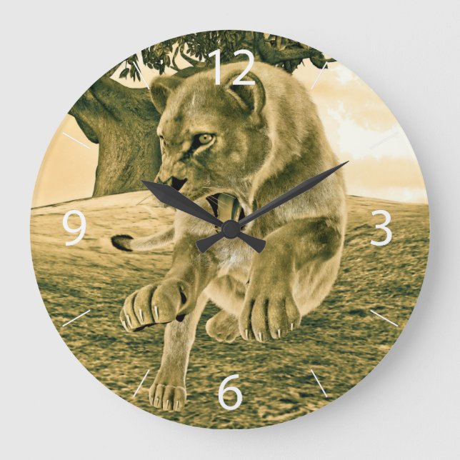 Dramatic Lioness Safari Wildlife Art Large Clock (Front)