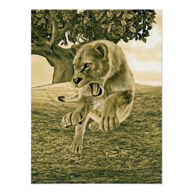 Dramatic Lioness Safari Wildlife Art Poster (Front)