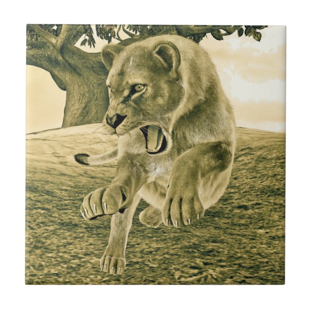 Dramatic Lioness Safari Wildlife Art Tile (Front)