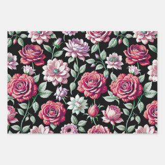 Dramatic Magenta and Pink Roses Dark Floral Wrapping Paper Sheet