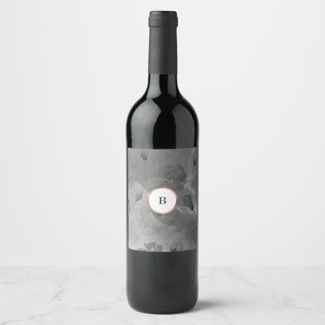 Dramatic Mood Boho Floral Grey Rose Gold Wedding Wine Label (Front)