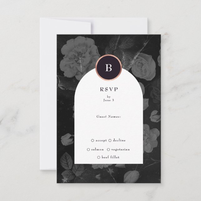 Dramatic Moody Boho Floral Arch Rose Gold Wedding RSVP Card (Front)