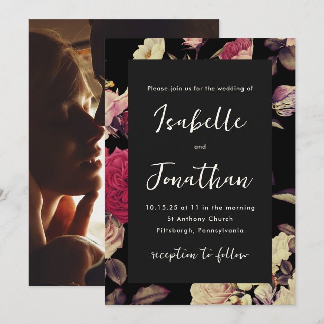 Dramatic Moody Floral Photo Wedding Invitation (Front/Back)