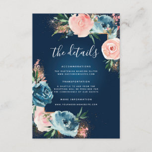 Dramatic Navy Blue and Blush Floral Boho Glitter Enclosure Card