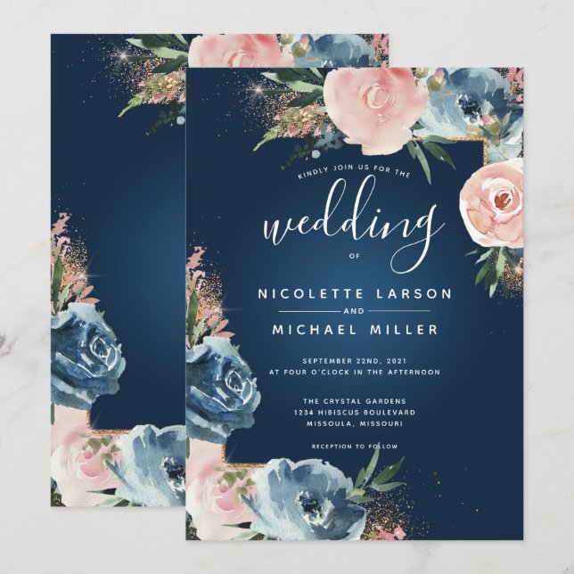 Dramatic Navy Blue and Blush Floral Boho Glitter Invitation (Front/Back)