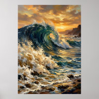 Dramatic Ocean Wave Golden Sunset Seascape Art Pri