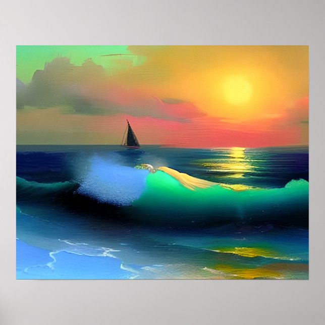 Dramatic Ocean Waves and Sunset Reflection Poster (Front)