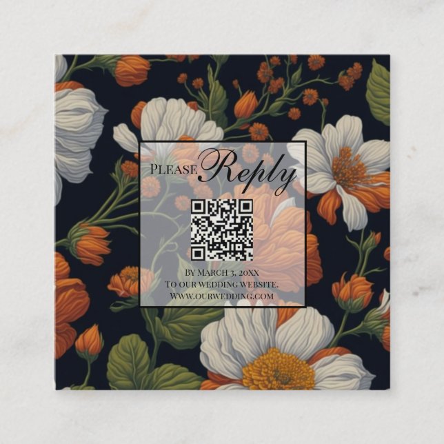 Dramatic Orange white elegant florals QR code Enclosure Card (Front)