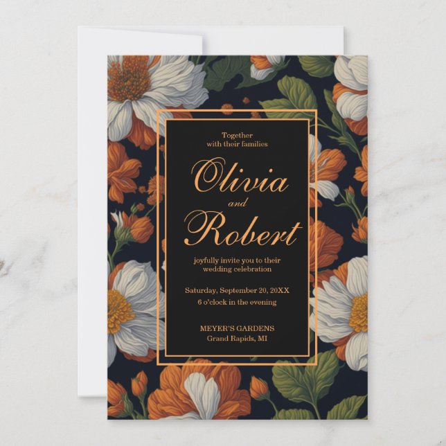 Dramatic Orange white elegant retro flowers Invitation (Front)